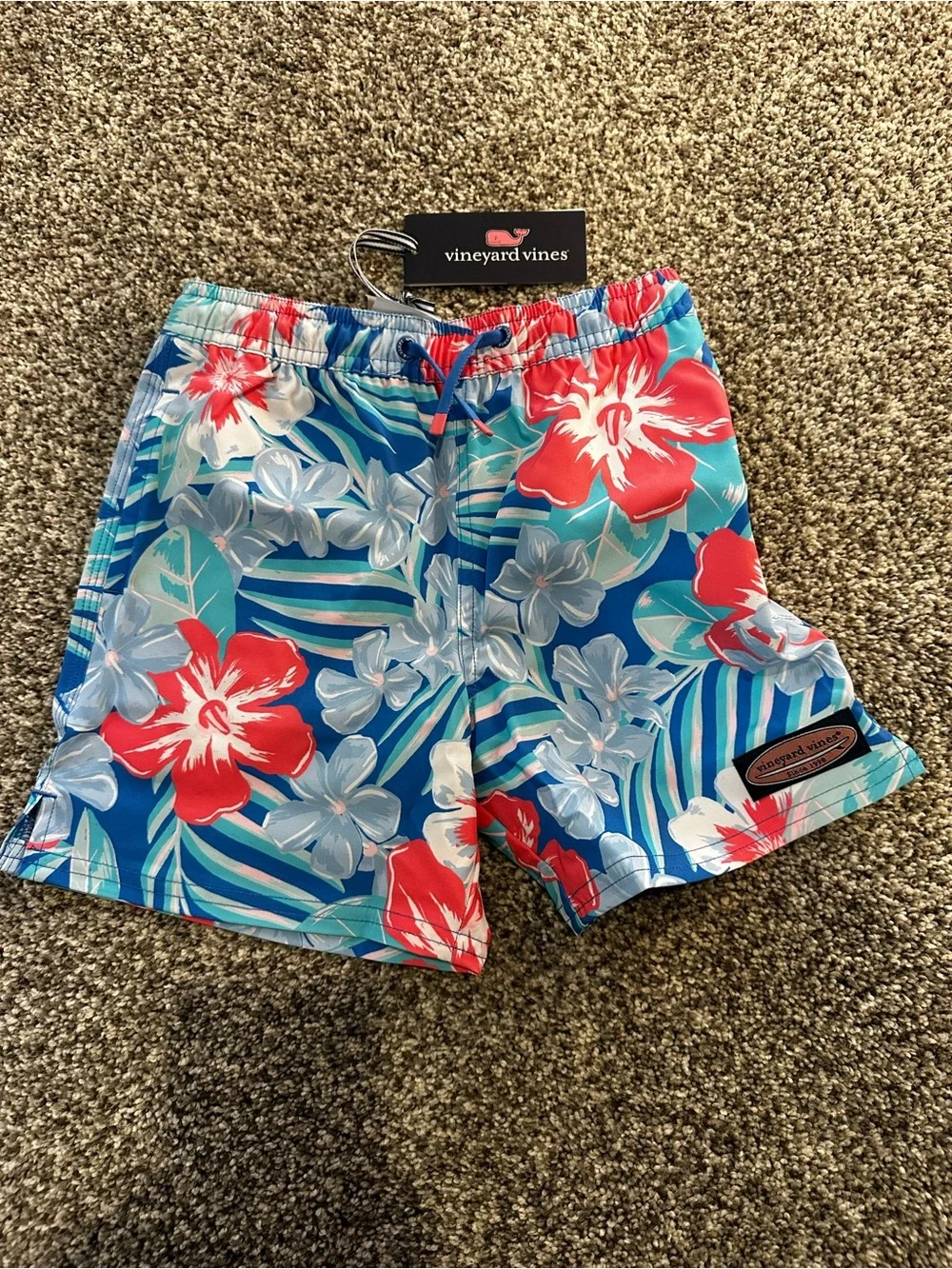 Vineyard Vines Blue Swim Trunks with Red Floral Print
